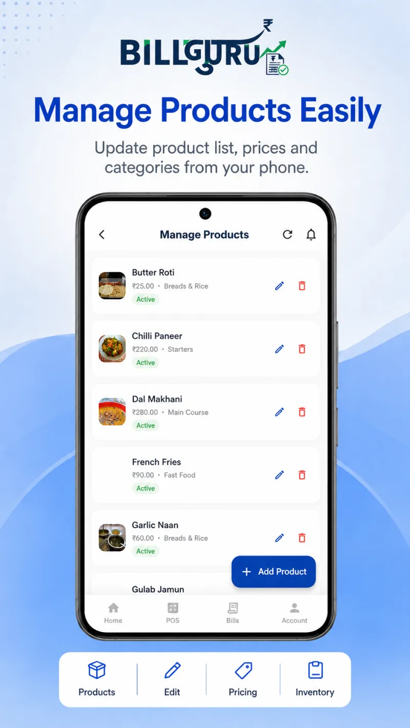 Managing product list, prices, stock quantity and categories in the BillGuru Android inventory app